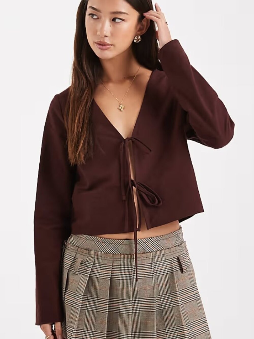 NWT Miss Selfridge long sleeve tie front top in chocolate
